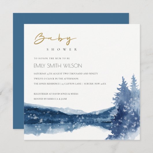 INDIGO INKT BLAUWE BERGMEER BABY SHOWER UITNODIGIN BEDANKKAART (Voorkant / Achterkant)