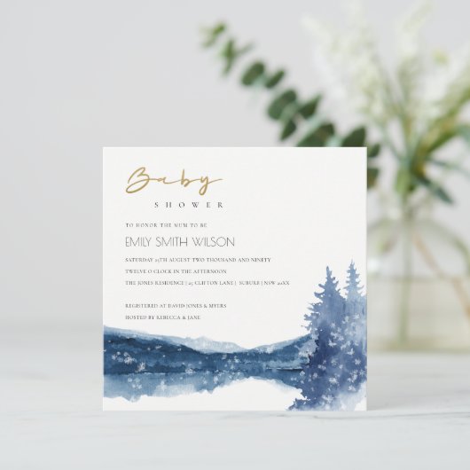 INDIGO INKT BLAUWE BERGMEER BABY SHOWER UITNODIGIN BEDANKKAART (Staand voorkant)