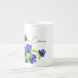 Indigo Iris Floral Waterverf Monogrammed Porselein Kop