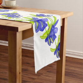 Indigo Iris Flowers Waterverf Handbeschilderd Lange Tafelloper