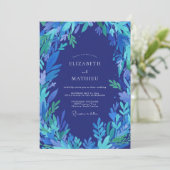 Indigo Kobalt Blad Bruiloft Kaart (Staand voorkant)