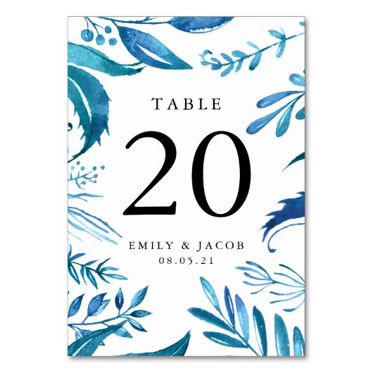 Indigo Leaves | Persoonlijke Tafel Nummer Kaarten (Voorkant)