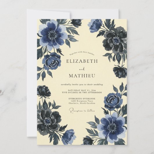 Indigo Leiste Ranunculus Eucalyptus Bruiloft Kaart (Voorkant)