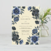 Indigo Leiste Ranunculus Eucalyptus Bruiloft Kaart (Staand voorkant)