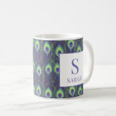 Indigo Lime Green Peacock Custom Initial Mug Koffiemok (Voorkant rechts)