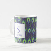 Indigo Lime Green Peacock Custom Initial Mug Koffiemok (Voorkant links)
