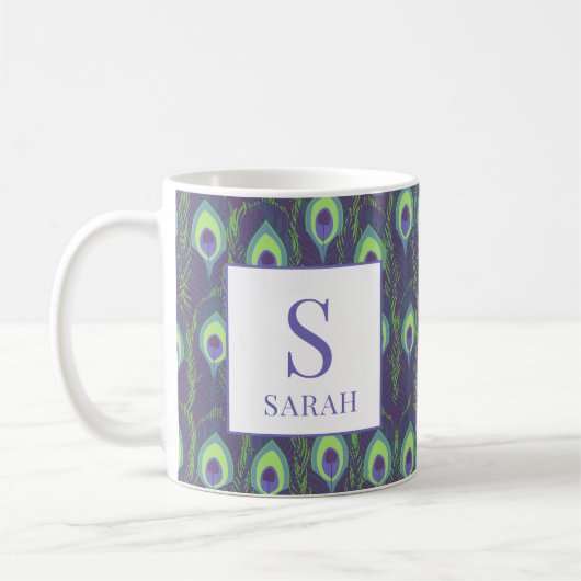 Indigo Lime Green Peacock Custom Initial Mug Koffiemok (Links)