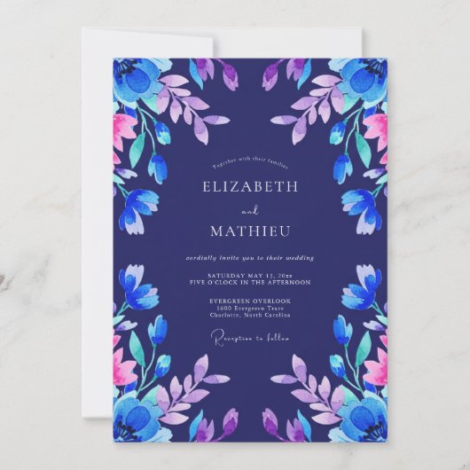 Indigo Magenta Bladerige Bruiloft Kaart (Voorkant)