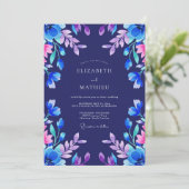 Indigo Magenta Bladerige Bruiloft Kaart (Staand voorkant)