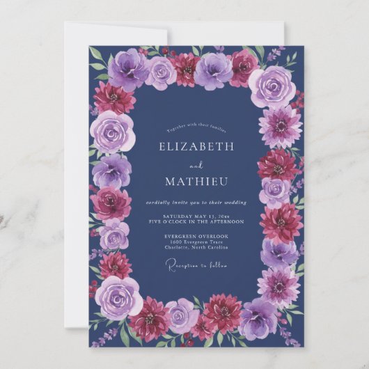 Indigo Magenta Ranunculus Eucalyptus Bruiloft Kaart (Voorkant)