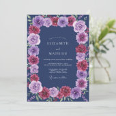 Indigo Magenta Ranunculus Eucalyptus Bruiloft Kaart (Staand voorkant)
