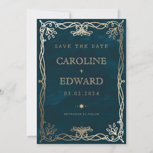 Indigo Middeleeuws Goud Klimop Bruiloft Save The Date (Voorkant)