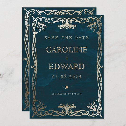 Indigo middeleeuwse gouden Ivy bruiloft Save The Date (Voorkant / Achterkant)