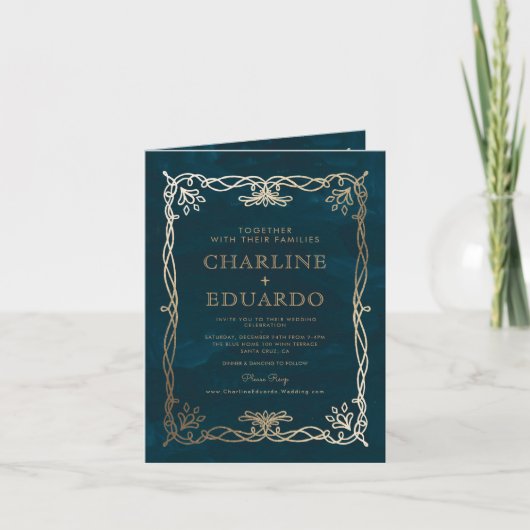 Indigo middeleeuwse gouden klimop bruiloft uitnodi (Voorkant)