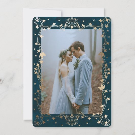 Indigo middeleeuwse gouden klimop bruiloft uitnodi kaart (Achterkant)
