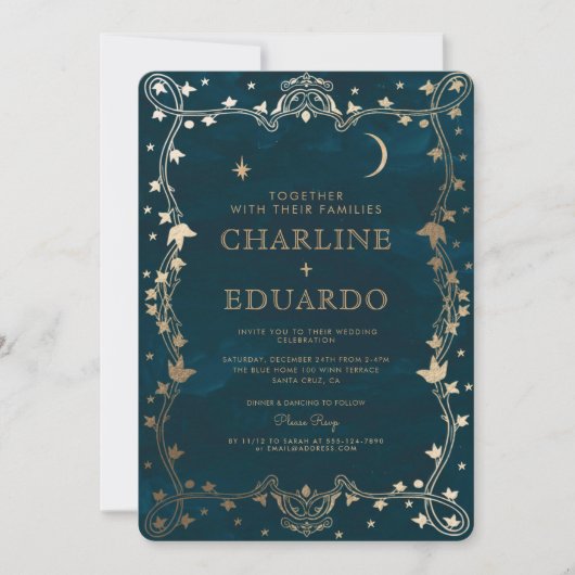 Indigo middeleeuwse gouden klimop bruiloft uitnodi kaart (Voorkant)