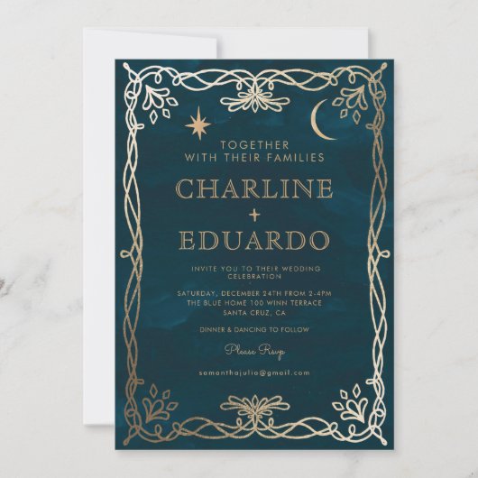 Indigo middeleeuwse gouden klimop bruiloft uitnodi kaart (Voorkant)