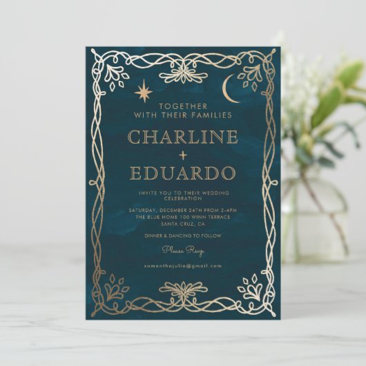 Indigo middeleeuwse gouden klimop bruiloft uitnodi kaart (Staand voorkant)