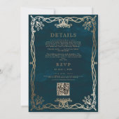 Indigo middeleeuwse gouden klimop bruiloft uitnodi kaart (Achterkant)