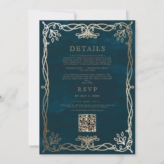 Indigo middeleeuwse gouden klimop bruiloft uitnodi kaart (Achterkant)