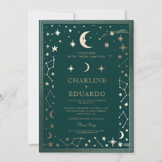 Indigo middeleeuwse gouden klimop bruiloft uitnodi kaart (Voorkant)