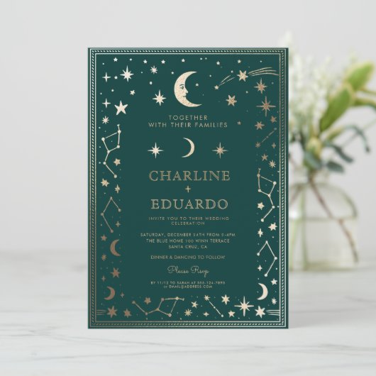 Indigo middeleeuwse gouden klimop bruiloft uitnodi kaart (Staand voorkant)