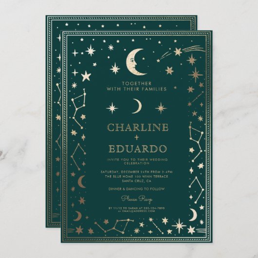 Indigo middeleeuwse gouden klimop bruiloft uitnodi kaart (Voorkant / Achterkant)