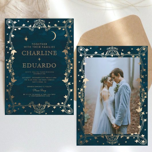 Indigo middeleeuwse gouden klimop bruiloft uitnodi kaart