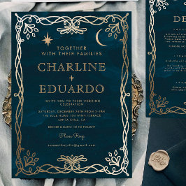 Indigo middeleeuwse gouden klimop bruiloft uitnodi kaart