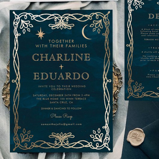 Indigo middeleeuwse gouden klimop bruiloft uitnodi kaart