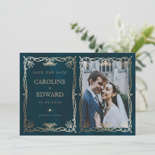 Indigo middeleeuwse gouden klimop foto QR-code Save The Date (Staand voorkant)