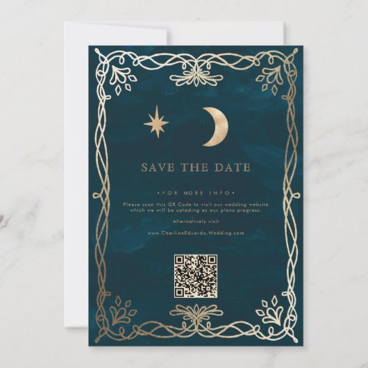 Indigo middeleeuwse gouden klimop foto QR-code Save The Date (Achterkant)