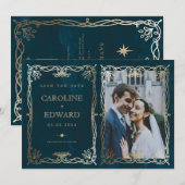 Indigo middeleeuwse gouden klimop foto QR-code Save The Date (Voorkant / Achterkant)