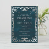 Indigo middeleeuwse zilveren Ivy bruiloft uitnodig Kaart (Staand voorkant)