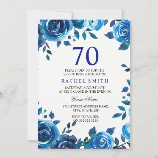Indigo Midnight Blue Floral 70th Birthday Invite Kaart (Voorkant)