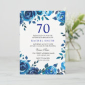 Indigo Midnight Blue Floral 70th Birthday Invite Kaart (Staand voorkant)