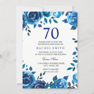 Indigo Midnight Blue Floral 70th Birthday Invite Kaart