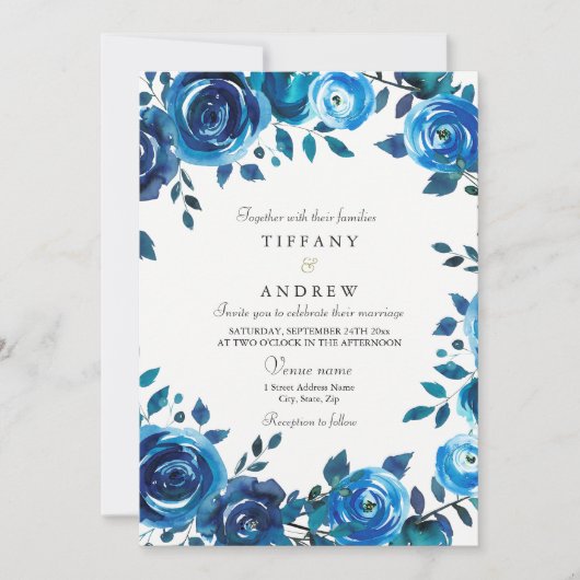 Indigo Midnight Blue Floral Wreath Wedding Invite Kaart (Voorkant)