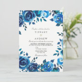 Indigo Midnight Blue Floral Wreath Wedding Invite Kaart (Staand voorkant)