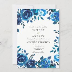 Indigo Midnight Blue Floral Wreath Wedding Invite Kaart