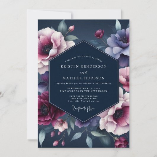 Indigo Midnight Flora Wedding Kaart (Voorkant)