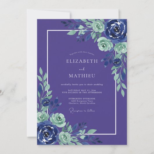 Indigo Mint Botanische Romantische Bruiloft Kaart (Voorkant)