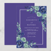 Indigo Mint Botanische Romantische Bruiloft Kaart (Voorkant / Achterkant)