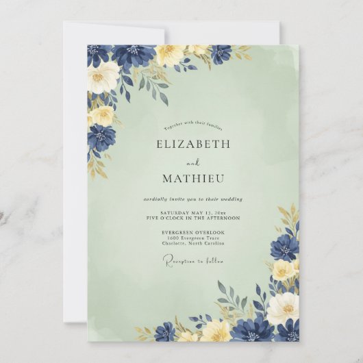 Indigo Mint Ranunculus Eucalyptus Bruiloft Kaart (Voorkant)