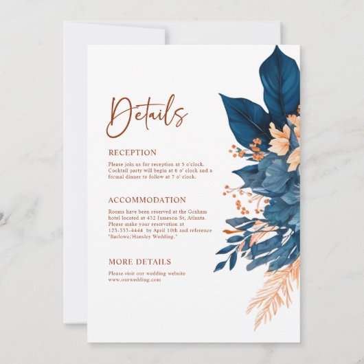 Indigo modern rustiek alles in één elegante bruilo kaart (Achterkant)