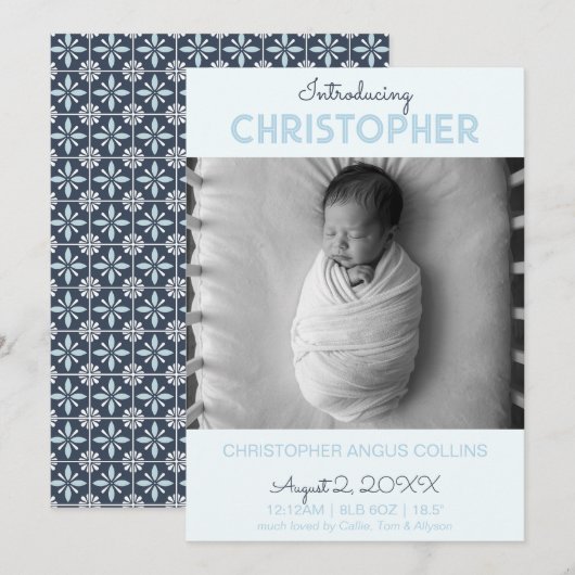 Indigo Modern Tile Birth Announcement Card (Voorkant / Achterkant)