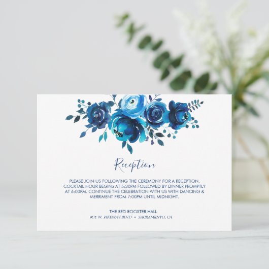 Indigo Mood Floral bruiloft receptie Informatiekaartje (Staand voorkant)