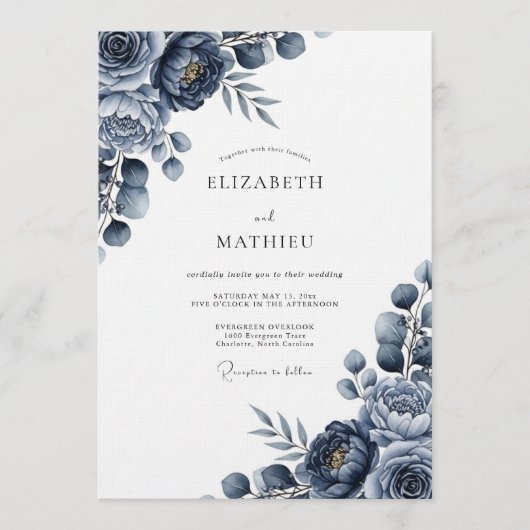 Indigo Moody Floral Wedding Kaart (Voorkant)