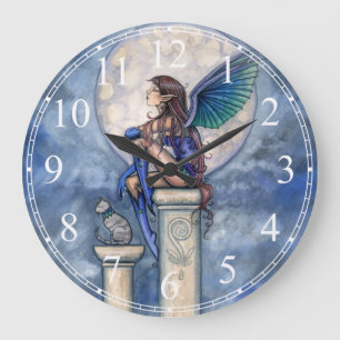Indigo Moon Blue Fairy en Cat Fantasy Clock Grote Klok
