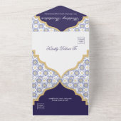 Indigo Moroccan Tile Wedding  All In One Uitnodiging (Buitenkant)